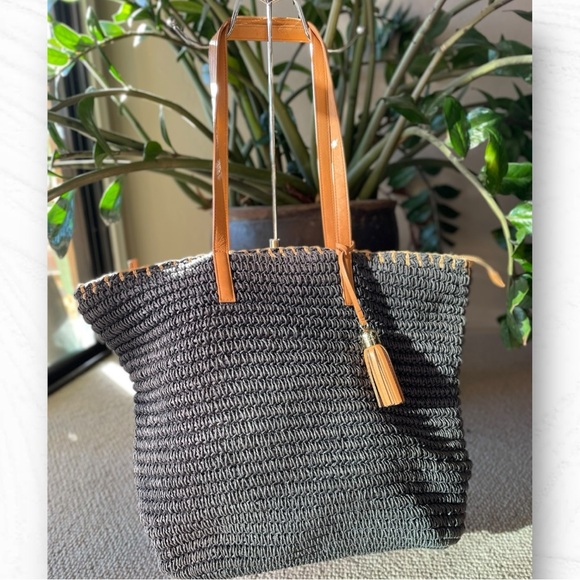 Talbots 🪢 Raffia Straw Tote Bag Navy w/ Tan Leather Straps & Tassel - Picture 2 of 14